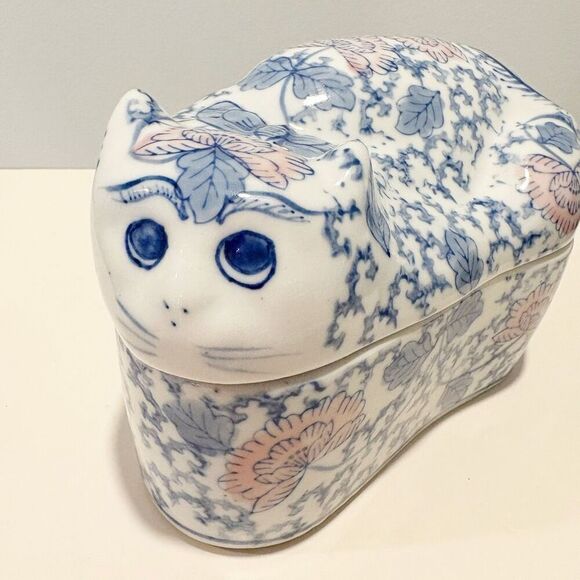 VTG Chinoiserie Ceramic Cat Large Trinket Box Container - Picture 3 of 9